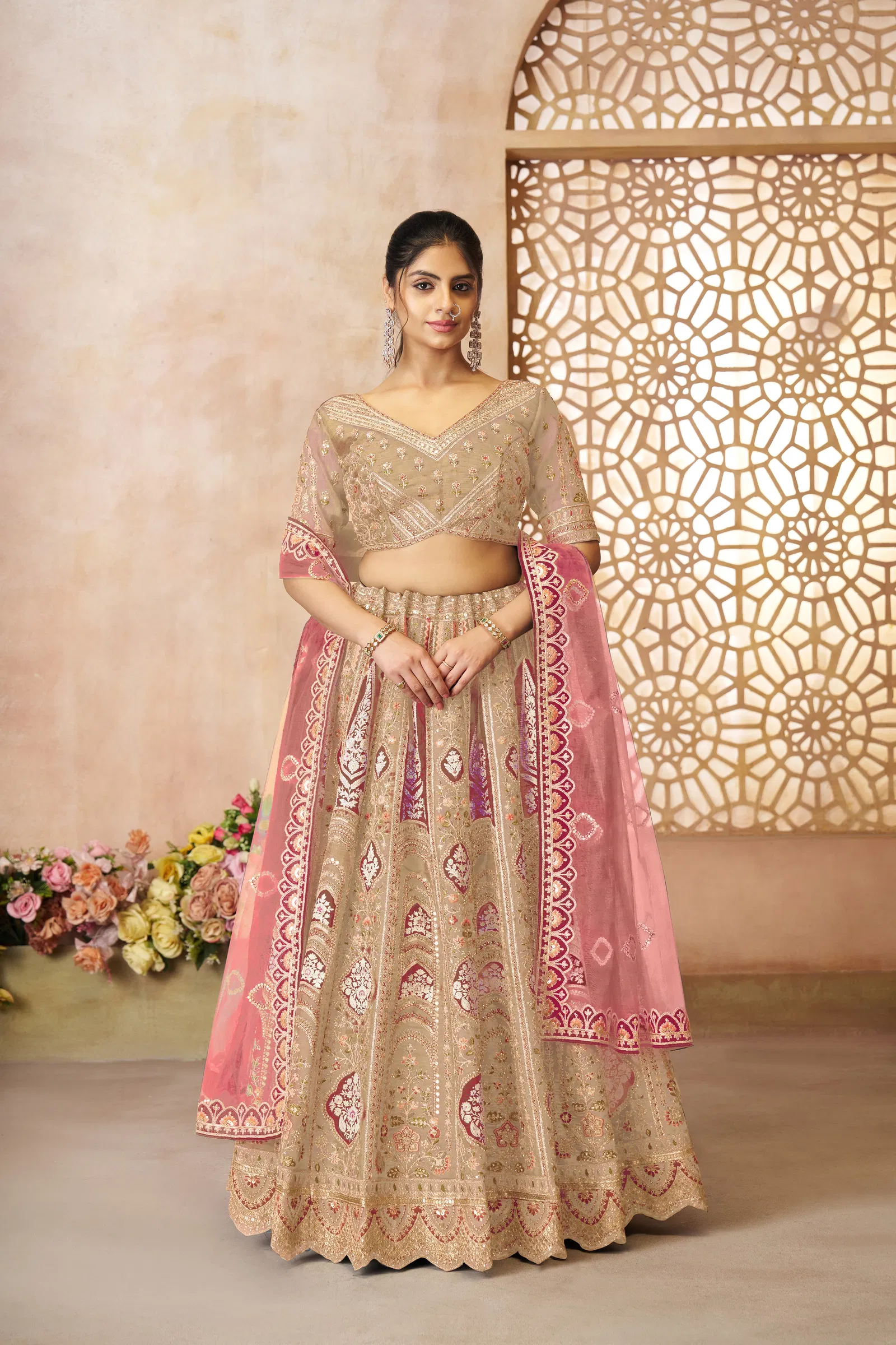 Kf 31 Chiku Banarasi Silk Embroidered Lahenga For Wedding Bulk Orders In India